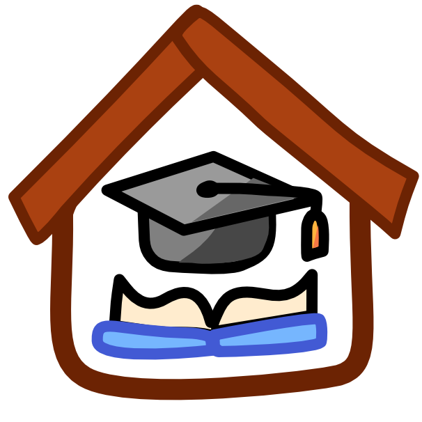 There is a graduation cap sitting above an open book inside a brown house-shaped frame with thick roof. The book has a blue cover and is lying flat with its pages facing up. The image has dark line art.